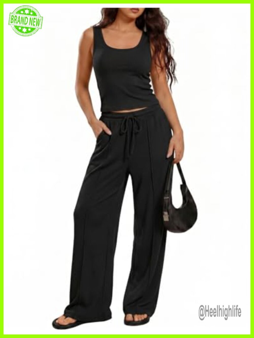 Womens 2 Piece Lounge Set Ribbed Knit Tank Top Wide Leg Pants Pockets